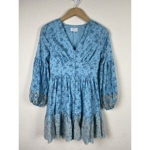 A Collective Story M Babydoll Dress Long Sleeve Eyelet Floral Blue Cottagecore